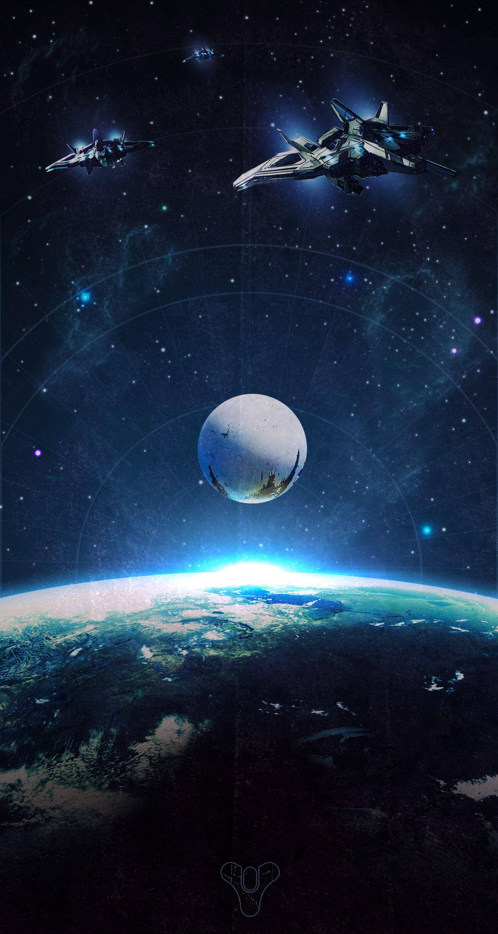 《Destiny 2》iPhone 壁紙：地球風景 壁紙 — 兩艘時尚的未來太空船在星光熠熠的宇宙背景下翱翔於發光的藍色星球之上。