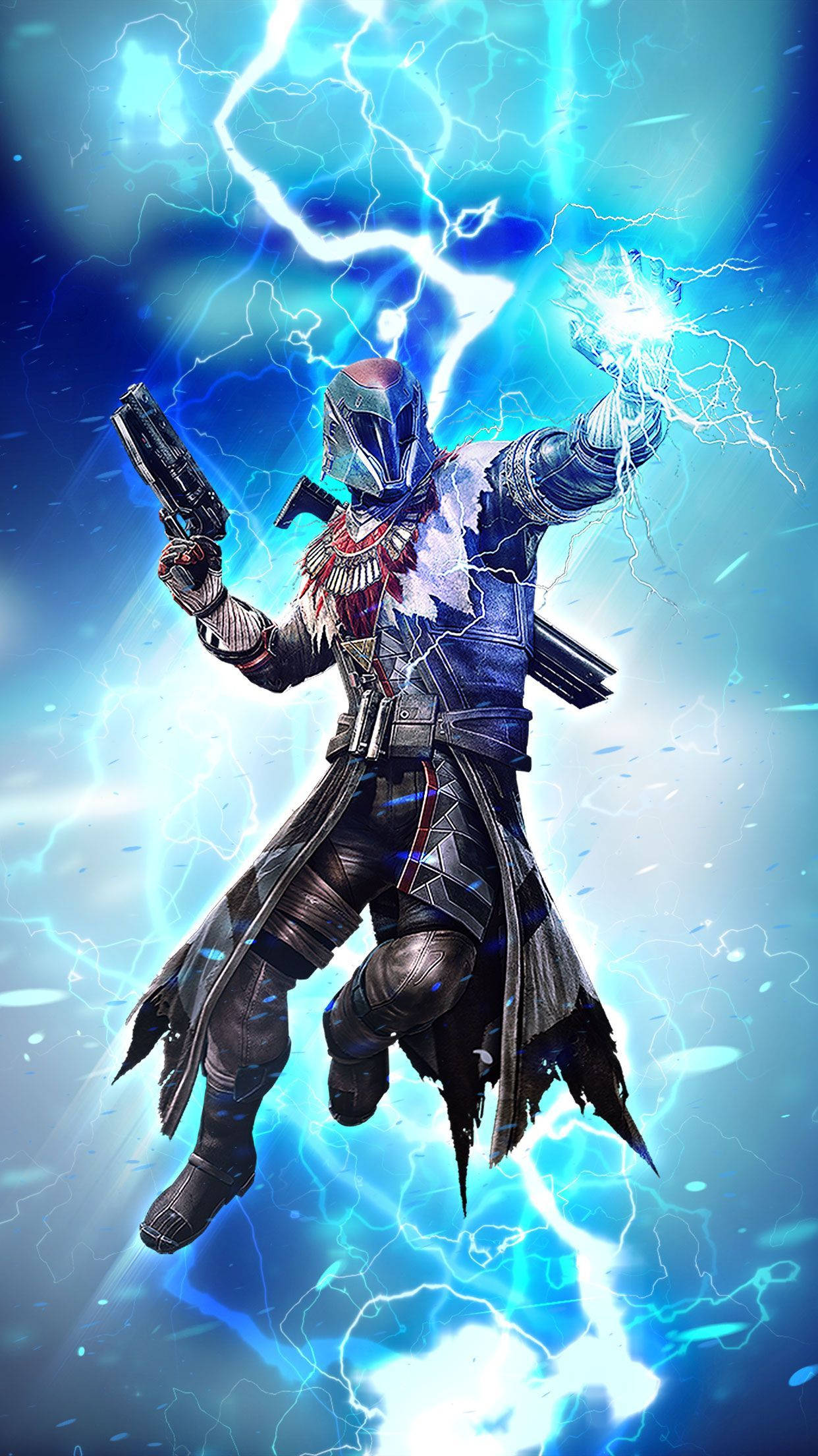 《Destiny 2》iPhone 壁紙：被奪之王 壁紙 — 一名戴頭盔的裝甲戰士揮舞著槍支，在充滿活力的藍色閃電風暴中引導電能。