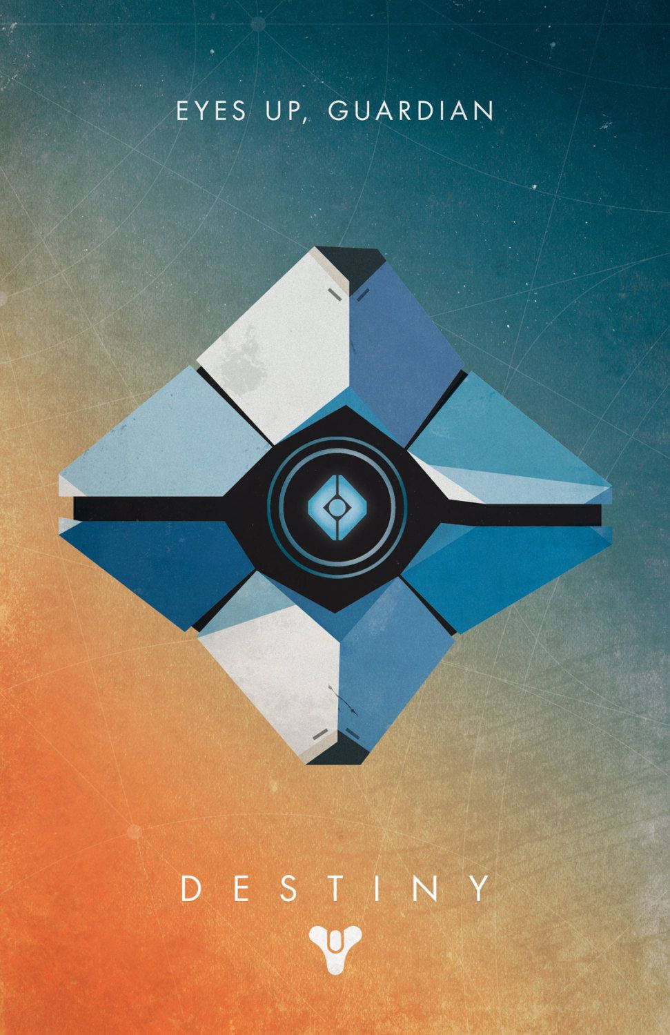 《Destiny 2》iPhone 壁紙：守護者之眼 壁紙 — 一個風格化的藍白幾何守護者徽章漂浮在從橙色過渡到藍綠色的漸變天空前。