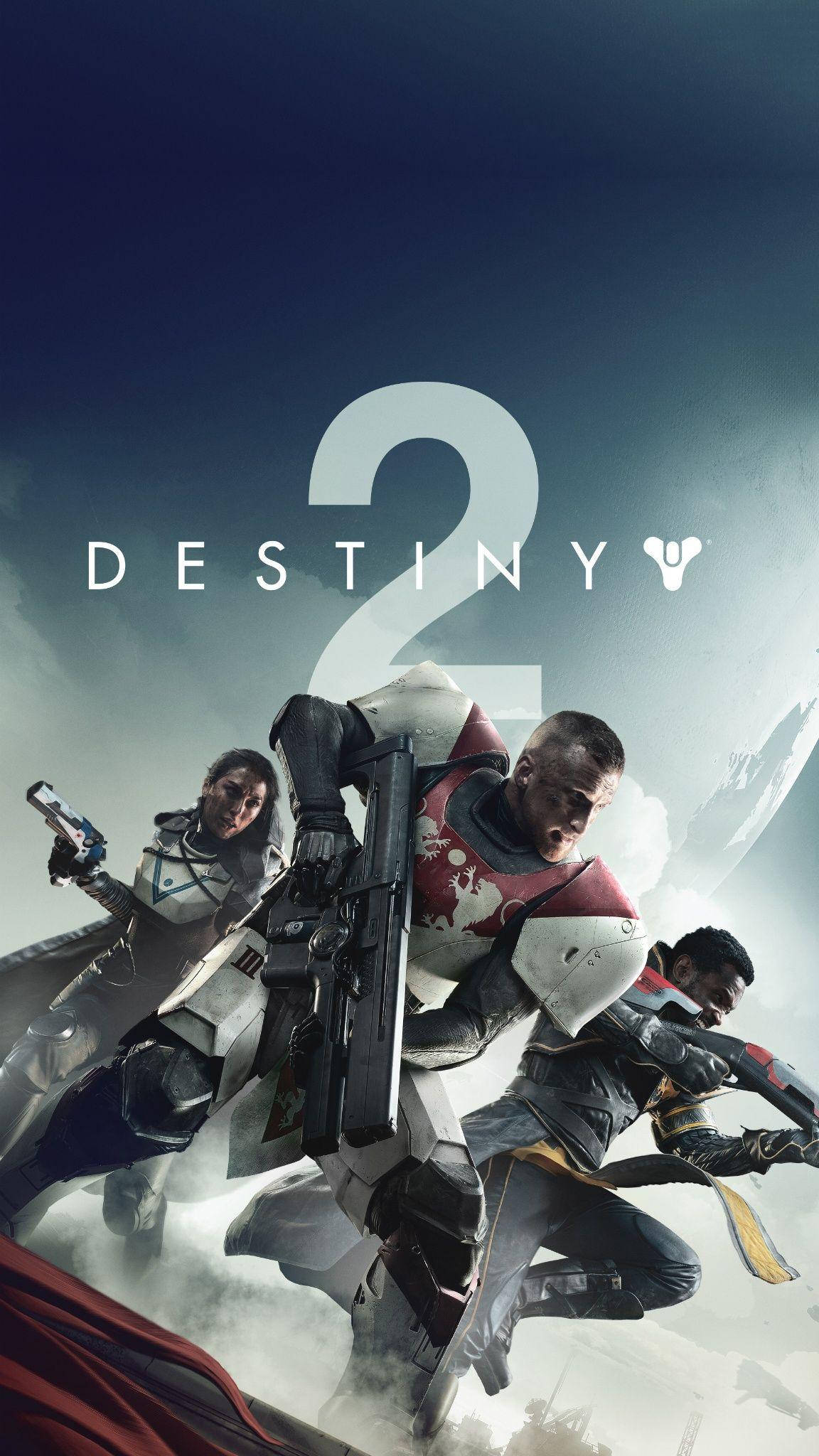 Destiny 2 iPhone 時尚角色 壁紙 — 三名身穿裝甲的太空戰士在暴風雨的天空下動態跳躍，Destiny 2 標誌巨大地浮現。
