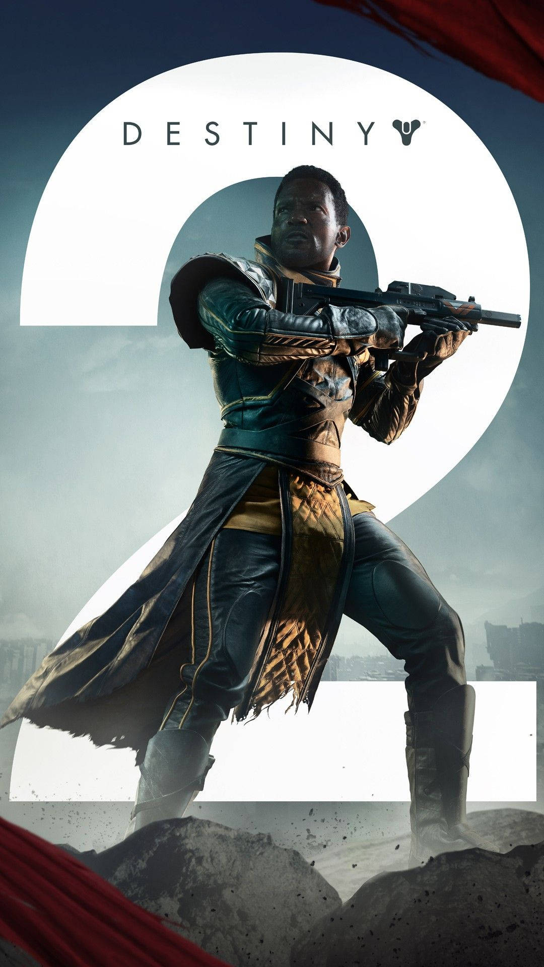 《Destiny 2》iPhone 壁紙：戰術獵人 壁紙 — 一名身穿華麗盔甲的戰士，手持步槍，背景是一個巨大的發光數字二和陰雲密佈的天空。