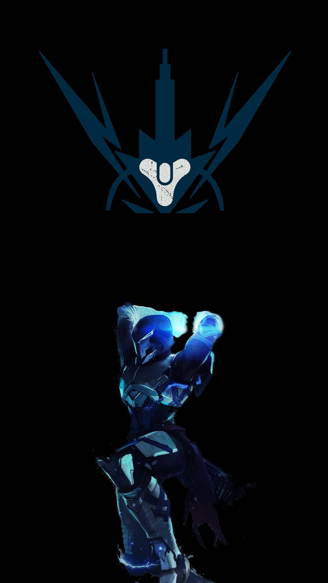 《Destiny 2》iPhone 壁紙：藍色泰坦 壁紙 — 一個發光的藍色裝甲人物站在一個風格化的標誌下方，背景是純黑色。