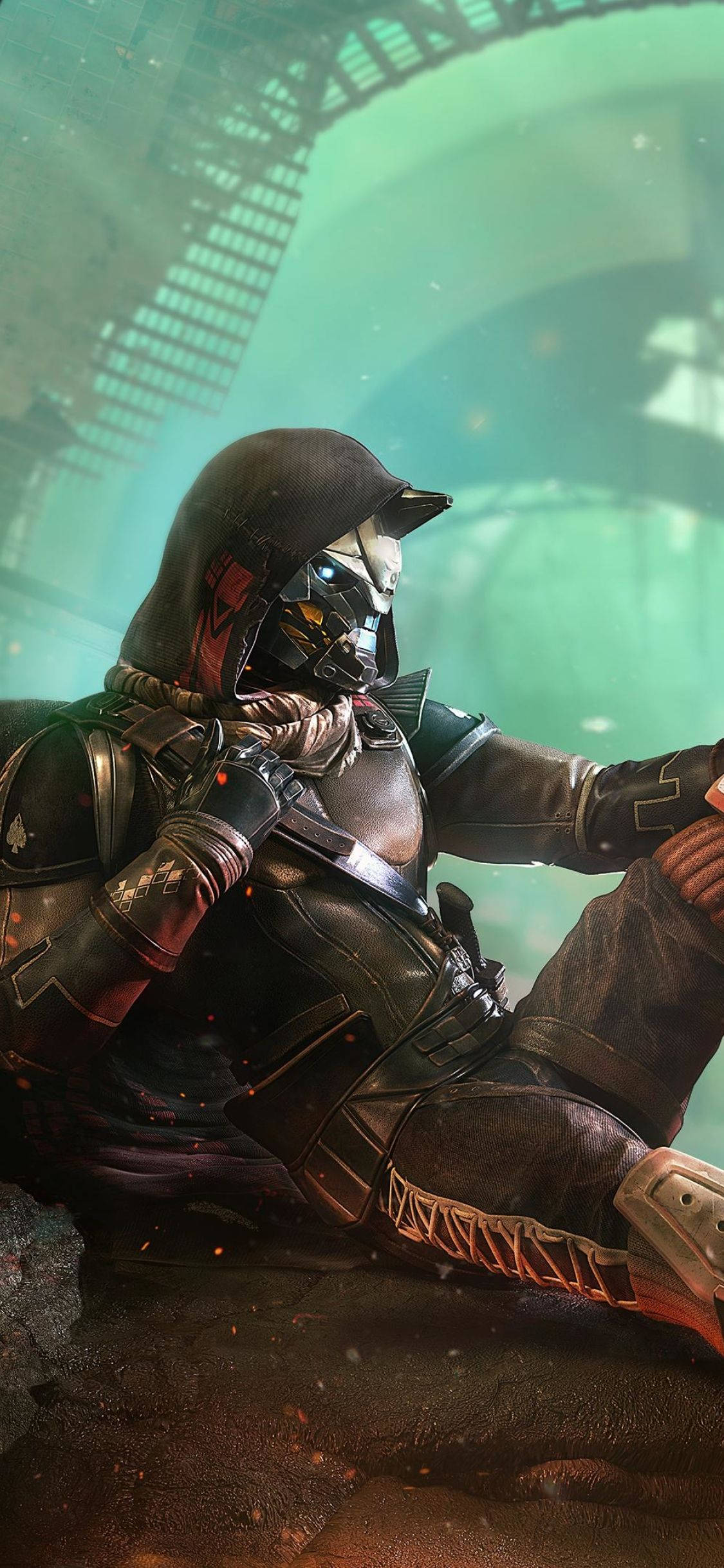 《Destiny 2》iPhone 壁紙：Cayde-6 圖形 壁紙 — 一個戴著面具的戰士身穿黑色盔甲，坐在發光的綠色廢墟中，周圍火花四濺。