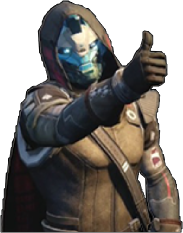 《Destiny 2》外骨骼角色比讚 壁紙 — 一個戴著兜帽的機械人形象，擁有發光的藍色眼睛，在黑暗環境中做出豎起大拇指的手勢。