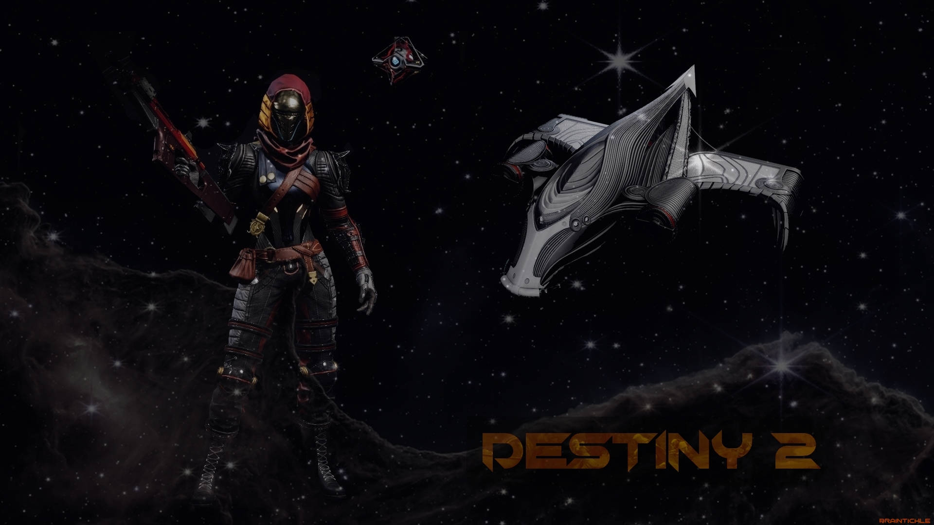 深色主題科幻遊戲《Destiny 2》太空場景 壁紙 — 一名身穿盔甲的太空人站在宇宙岩石上，旁邊是一艘時尚的太空船，背景是佈滿星星的虛空和發光的星雲。