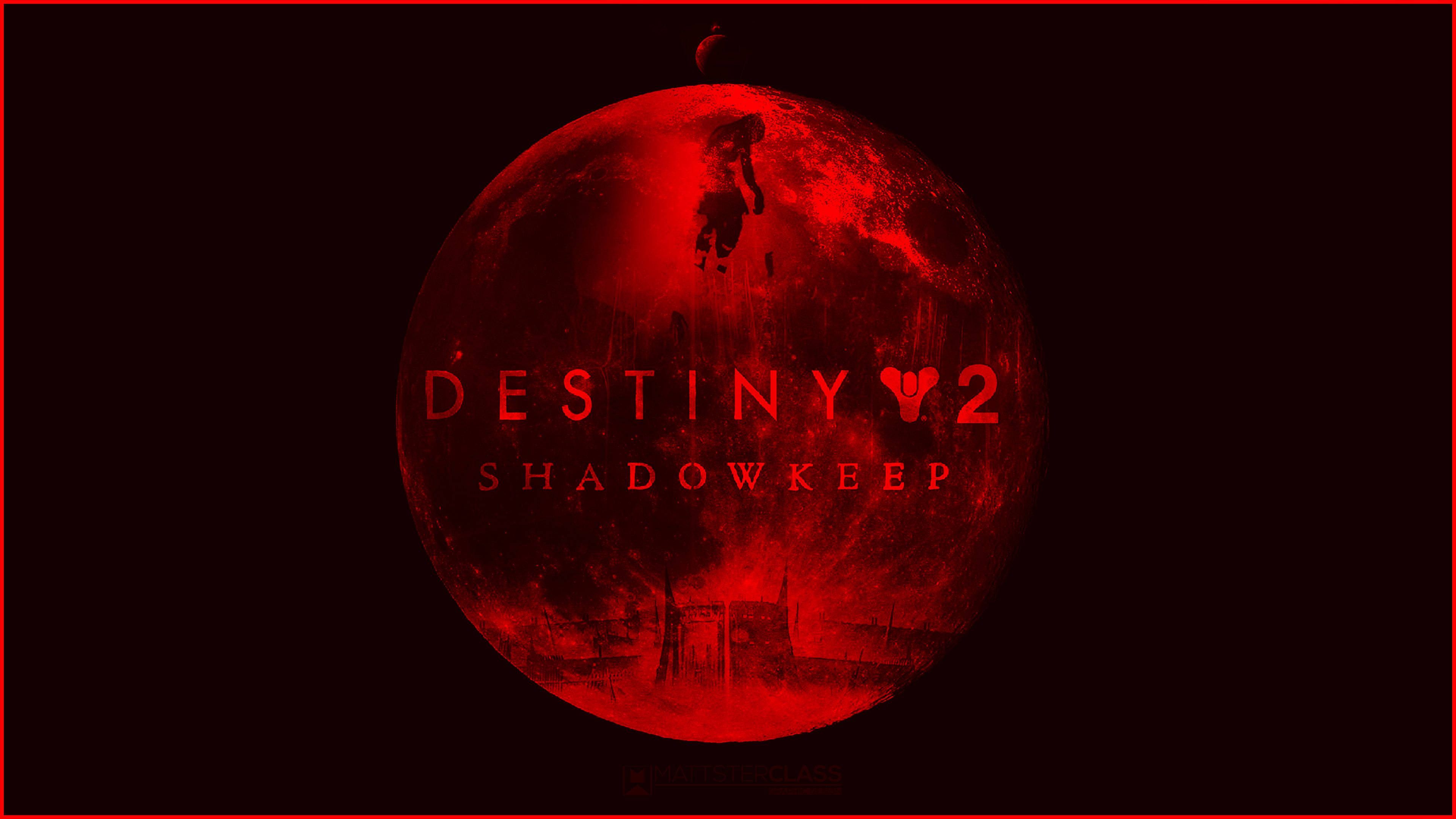 《Destiny 2: Shadowkeep》紅月景象 壁紙 — 一顆發光的紅色行星，一個剪影人物在黑暗背景中墜落，背景有Destiny 2 Shadowkeep標誌。