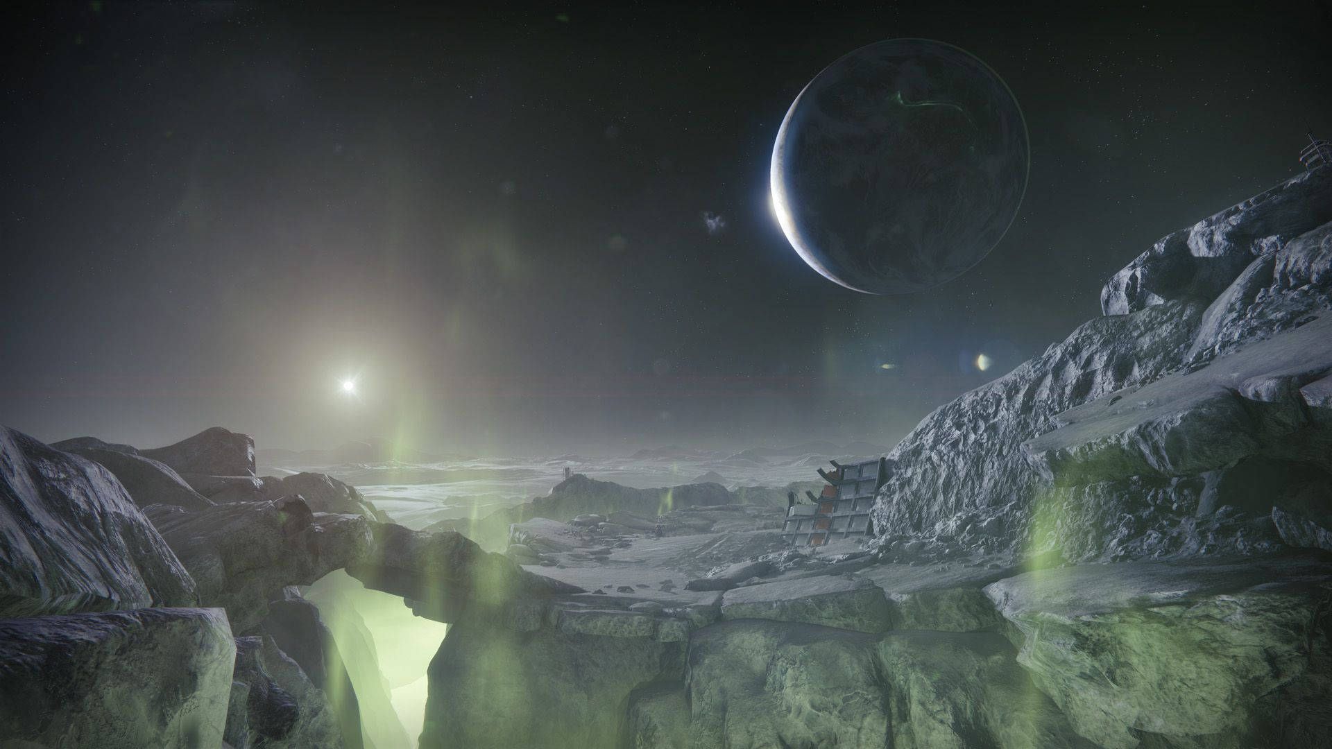 Destiny 2 Shadowkeep 山與月 壁紙 — 一座孤獨的未來主義建築棲息在岩石外星懸崖上，下方是發光的太陽和巨大的新月。