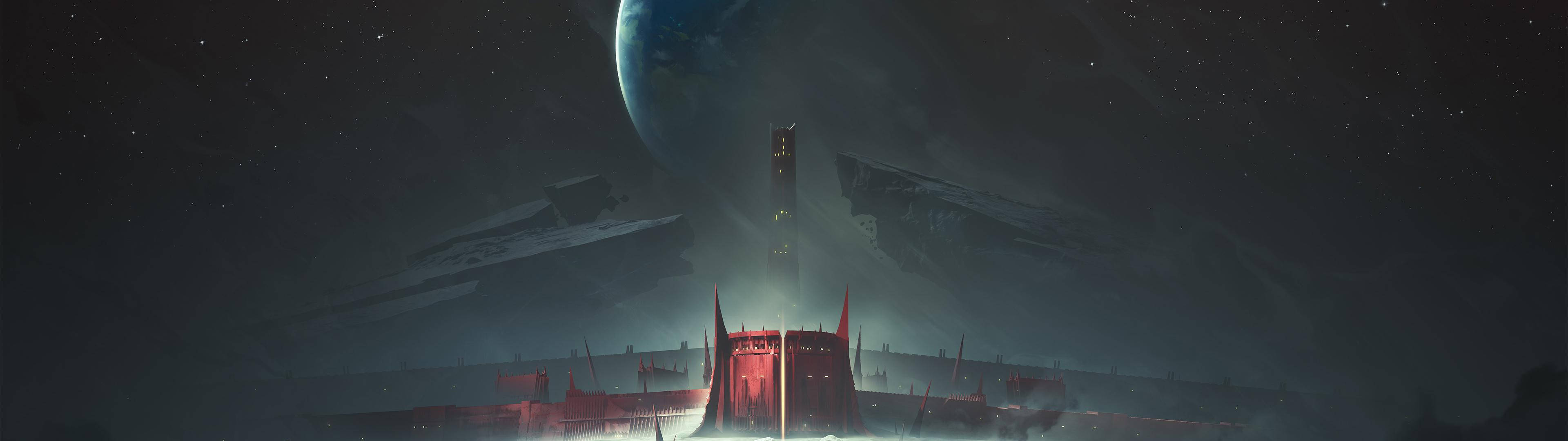Destiny 2 Shadowkeep 招牌 壁紙 — 一艘未來風格的紅色太空船從太空站發射，下方是發光的藍色行星，背景是繁星點點的夜空。