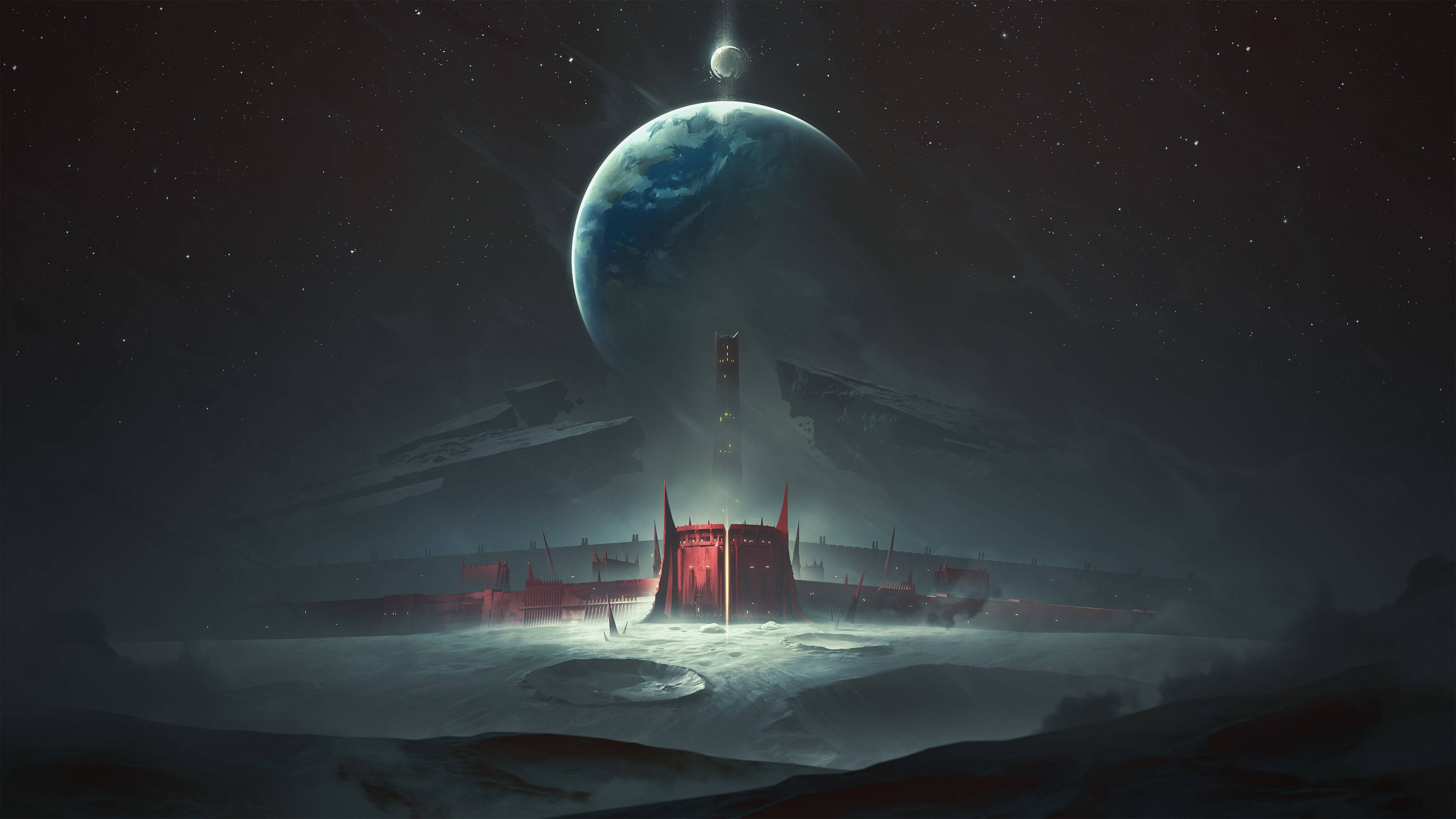 Destiny 2 Shadowkeep 紅色大門 壁紙 — 一個孤獨的紅色外星結構矗立在一個雪覆蓋的外星球上，下方是巨大的藍色地球和發光的月亮。