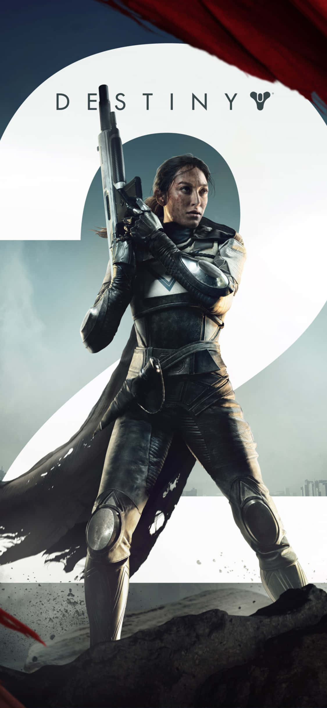 喺Destiny 2入面好似獵人咁戰鬥 壁紙 — 一位堅定的女性戰士身穿未來風格的盔甲，在《天命2》遊戲中，以風格化的「2」背景為襯，手持步槍蓄勢待發。