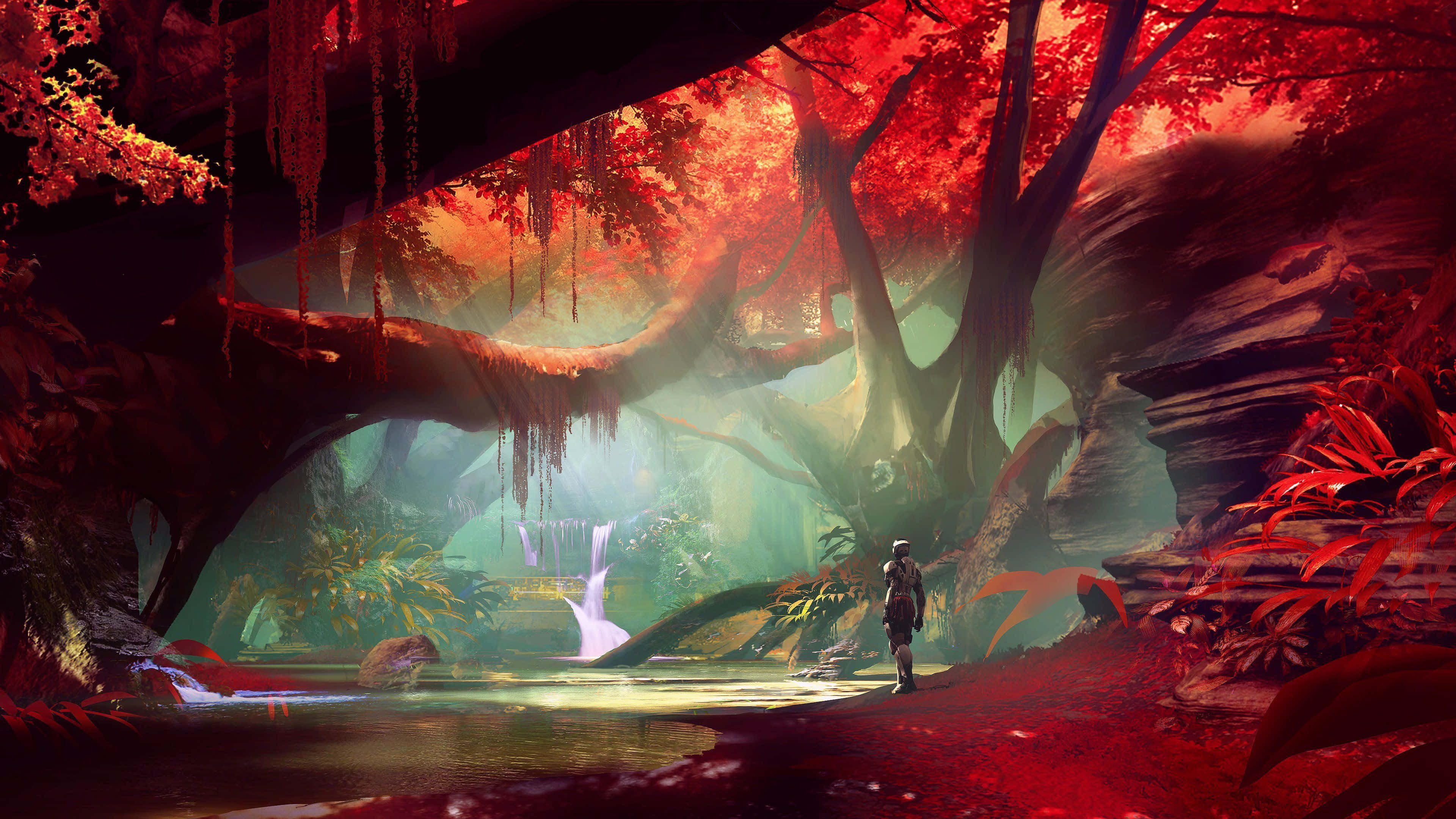 準備迎接《Destiny 2》的挑戰 壁紙 — 一個孤獨的身影走過一片神秘的森林，森林中有發光的紅色樹葉和瀑布，位於巨大的樹冠下。