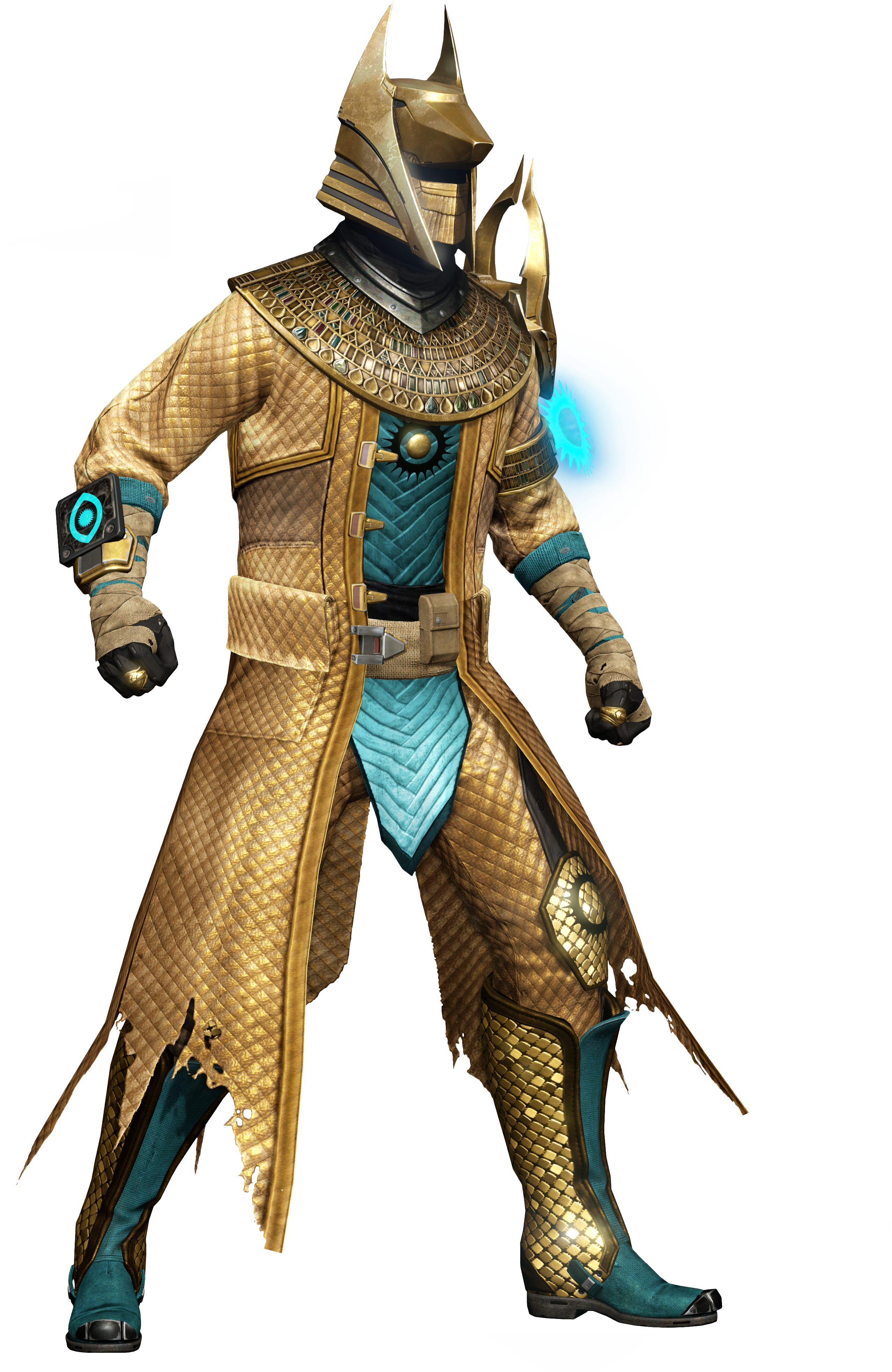 Destiny 2 战士 Warlock 裝甲渲染 壁紙 — 一個身穿金色和藍綠色裝甲服的未來戰士，旁邊有一個發光的藍色能量球。