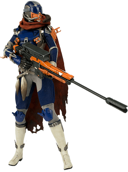 Destiny 2 守護者持步槍 壁紙 — 一名身穿藍色盔甲和橙色圍巾的未來戰士，在黑色背景下手持狙擊步槍。