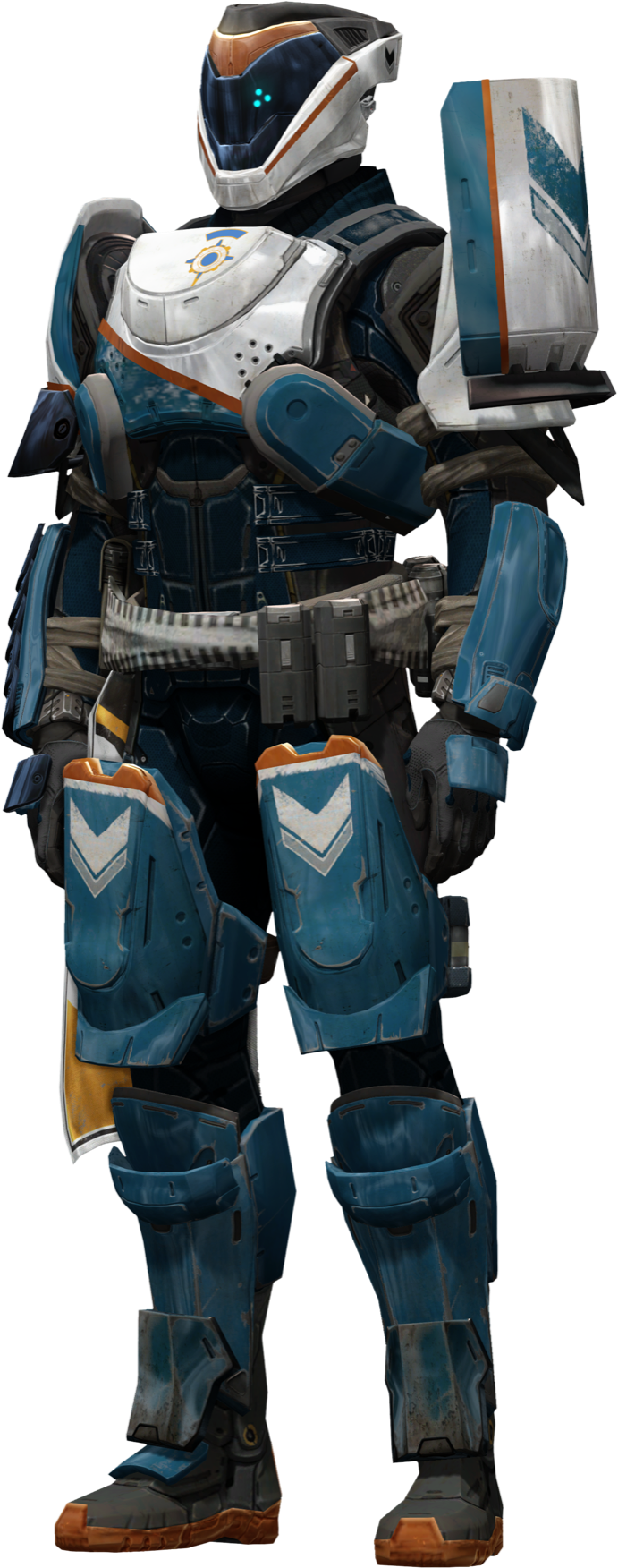 Destiny 2 銅像戰士裝甲 壁紙 — 一名未來戰士身穿藍、白、橙色裝甲服，配備發光面罩和盾牌，準備就緒。
