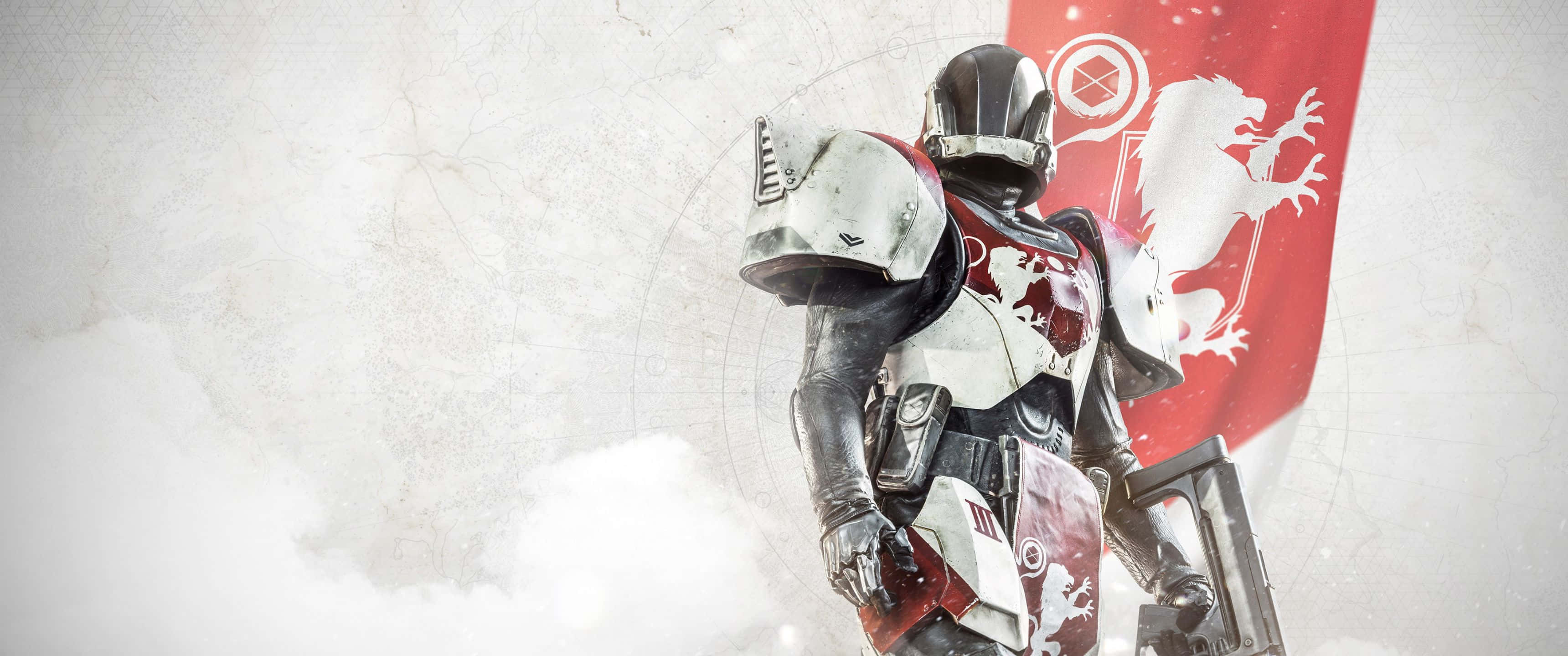 《Destiny 2》中準備戰鬥的守護者 壁紙 — 一個未來風格的裝甲戰士站在霧中，手持一面帶有白色立獅標誌的紅色旗幟。