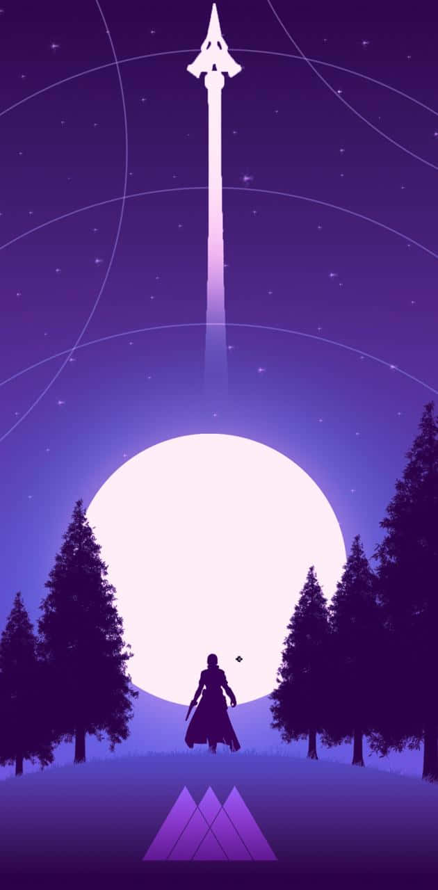 一個剪影的人夜晚站在森林中，仰望發光的月亮和一座高大的巨石。