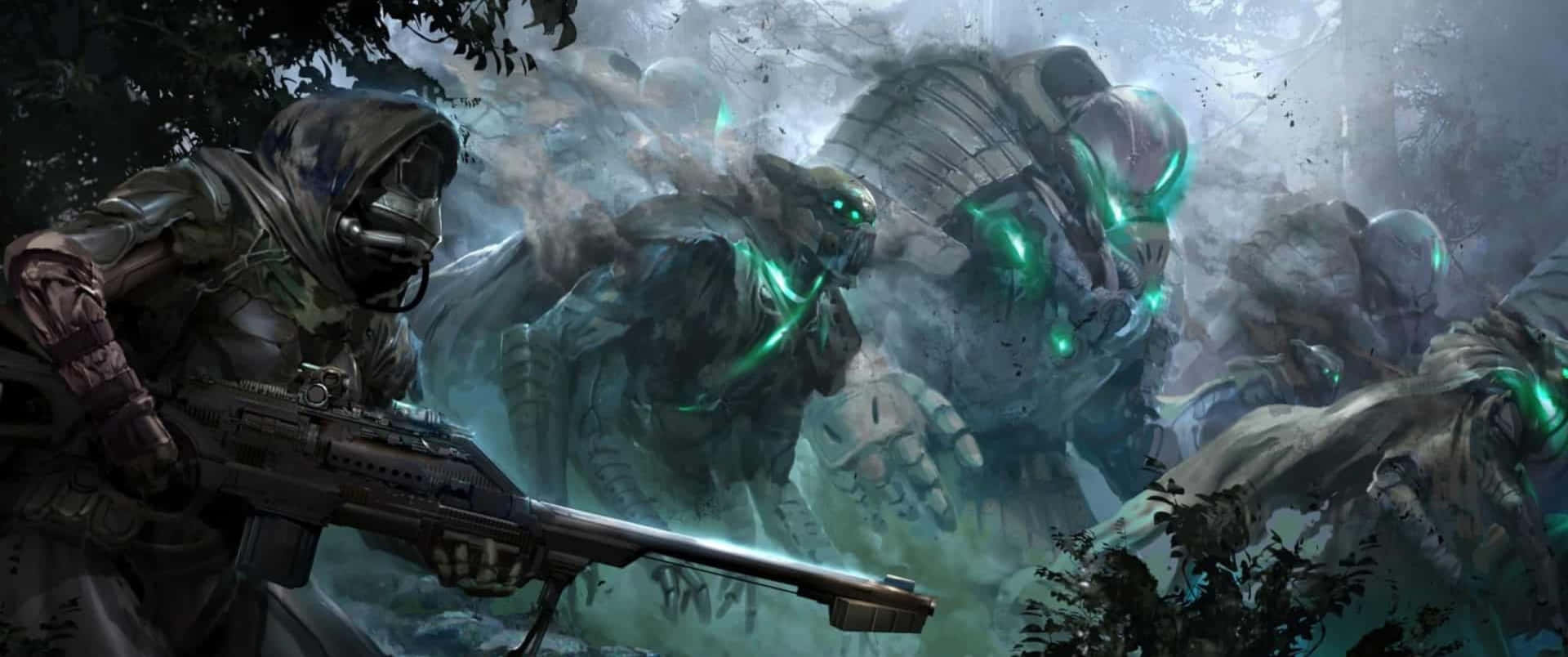 《Destiny 2》的壯闊冒險即將展開 壁紙 — 一名身穿戰術裝備的士兵在迷霧森林中，用步槍瞄準散發綠色能量的高聳生化機械怪物。