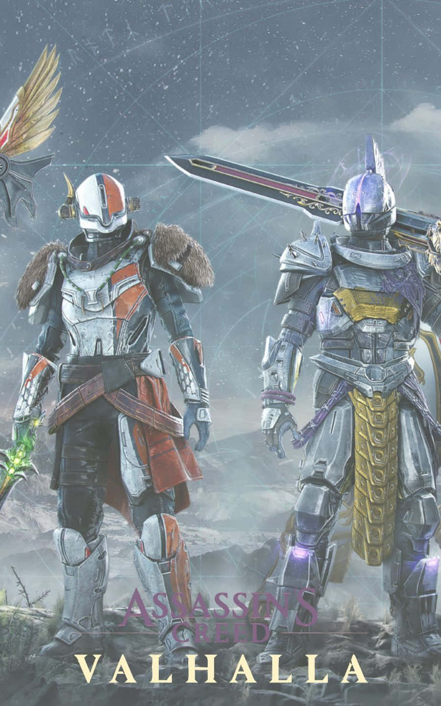 Destiny 2 裝甲 1440p 刺客信條：維京紀元 背景 壁紙 — 兩名身穿鎧甲的戰士站在霧氣瀰漫的山地景觀中，星空下，一人揮舞著發光的劍，另一人扛著一把大刀。