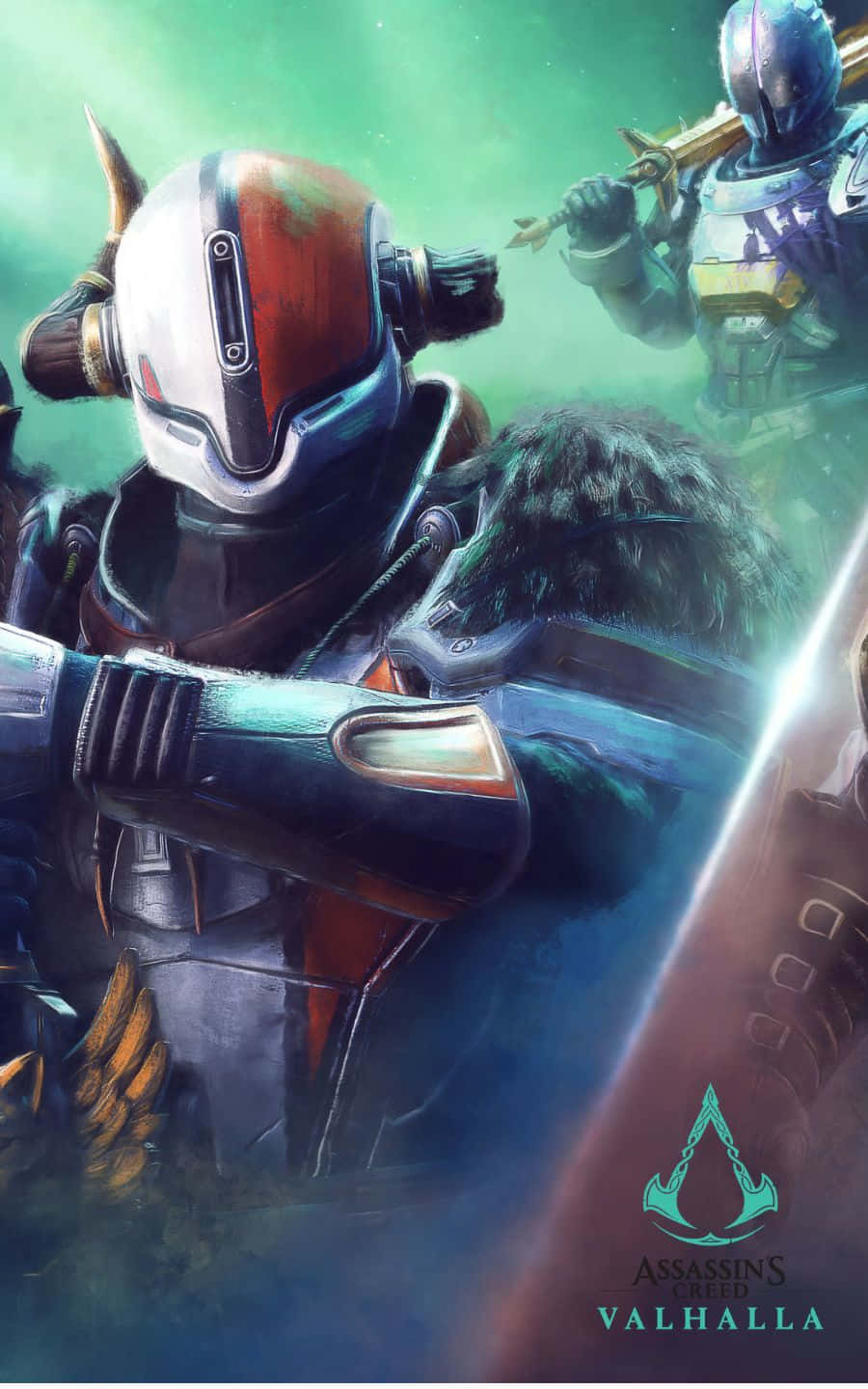 《Destiny 2》裝甲《刺客信條：維京紀元》1440p 背景 壁紙 — 一名身穿未來裝甲的戰士，手持發光劍，站在綠色迷霧背景前準備就緒。