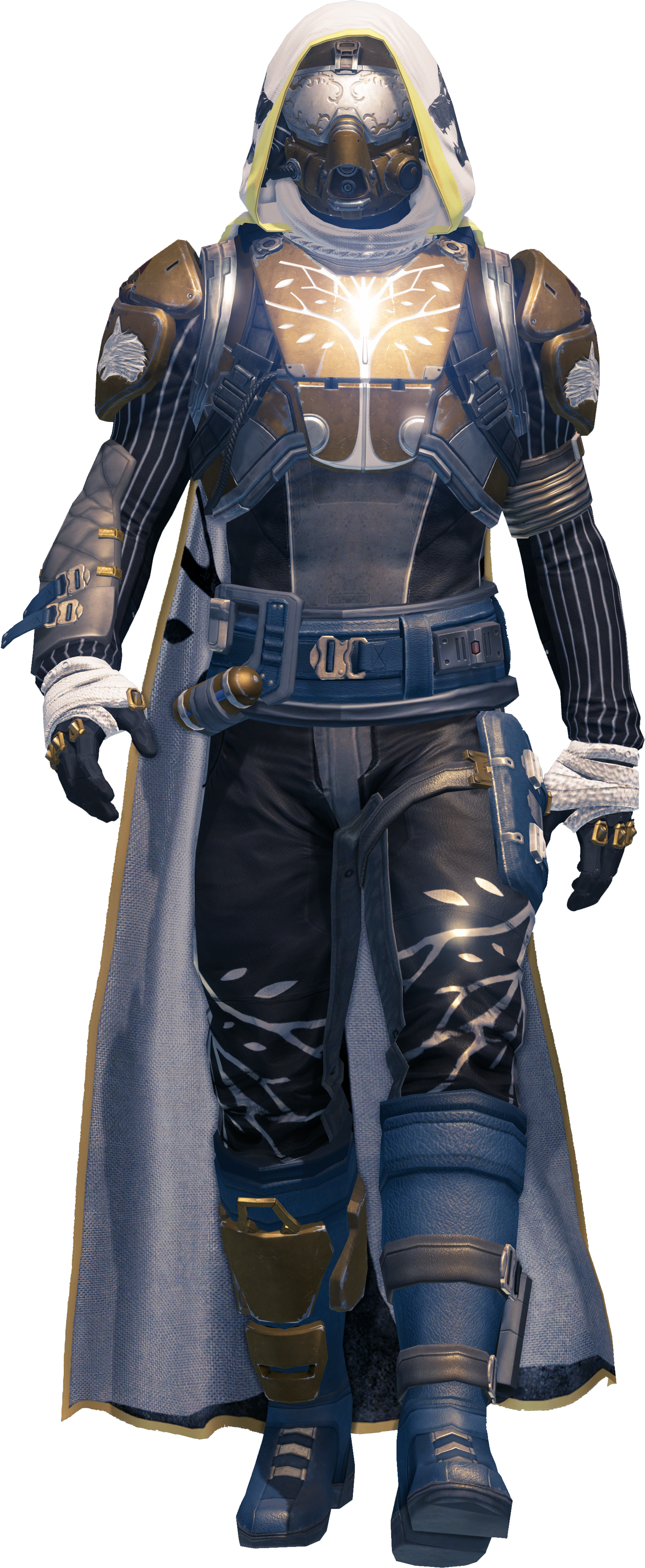 《Destiny 2》護衛裝甲角色 壁紙 — 一個身穿藍金裝備、胸前徽章發光的未來裝甲戰士，在黑色背景前蓄勢待發。
