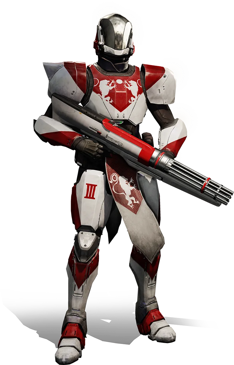 Destiny 2 銅像戰士紅白裝甲 壁紙 — 一名身穿紅白裝甲服、帶有獅子徽章的未來戰士，在黑色背景下手持重型武器。