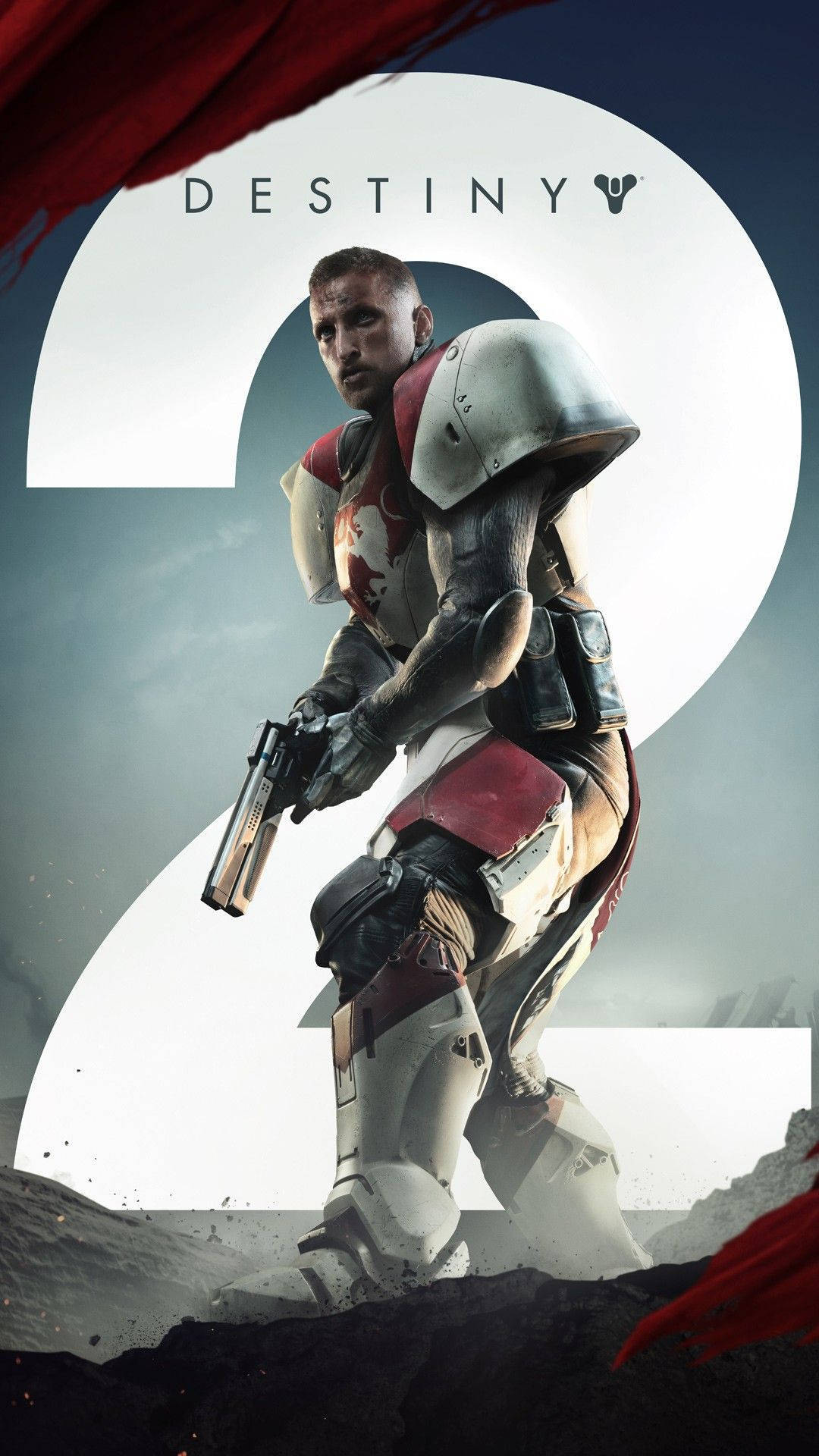 《Destiny 2》1080x1920 壁紙：泰坦 壁紙 — 一名身穿紅白盔甲的士兵，手持手槍，背景是一個巨大的發光數字二和紅色布料。