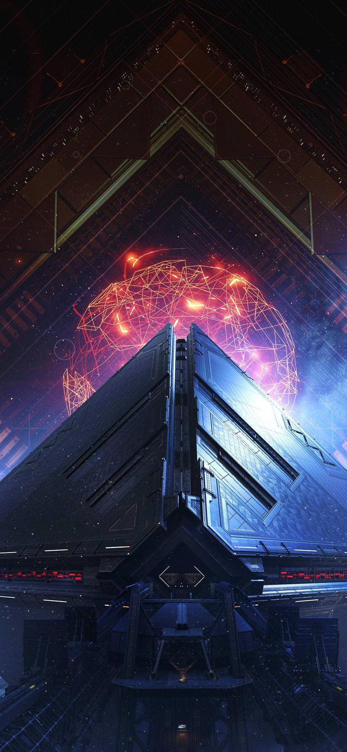 《Destiny 2》iPhone 壁紙：金字塔神殿 3D 壁紙 — 一艘未來風格的太空船在黑暗星空太空站內部懸浮於發光紅色幾何球體下方。