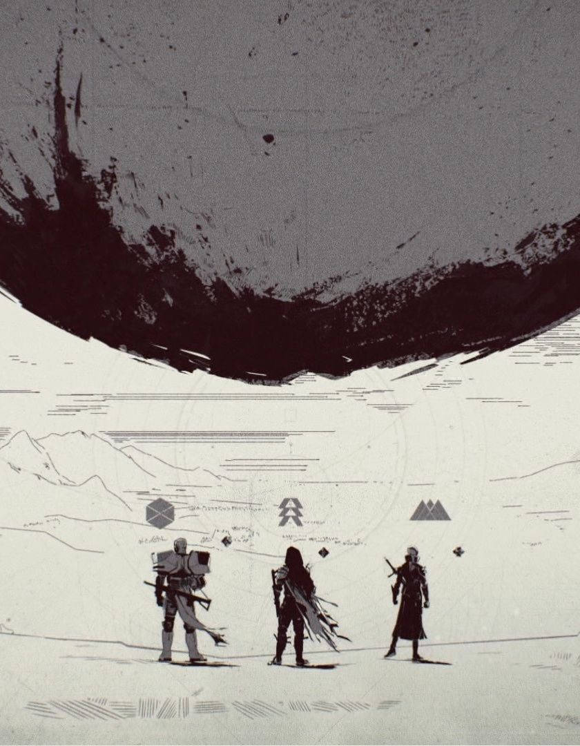 《Destiny 2》iPhone 壁紙：極簡風格 壁紙 — 三個身穿裝甲的身影站在一片荒蕪的白色曠野中，上方是巨大的黑暗天體，在極簡幾何地形上形成剪影。