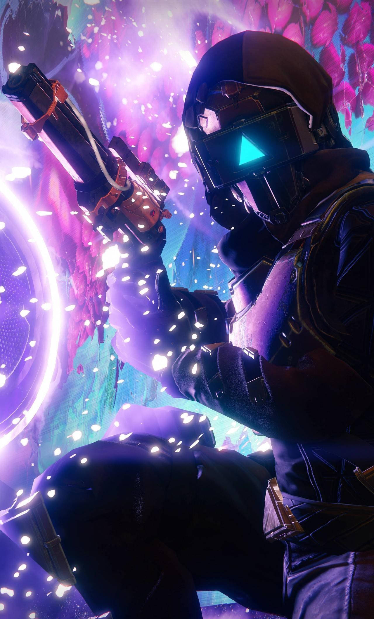 《Destiny 2》iPhone 壁紙：抽象圖形 壁紙 — 一名戴著發光頭盔的未來士兵在充滿活力的紫色和粉紅色宇宙粒子中發射武器。