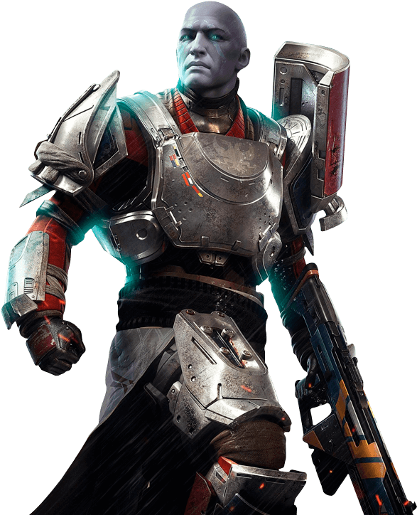 Destiny 2覺醒守護者裝甲 壁紙 — 一個光頭藍皮膚的戰士，穿著精細的銀色盔甲，在黑色背景前拿著一把未來步槍。