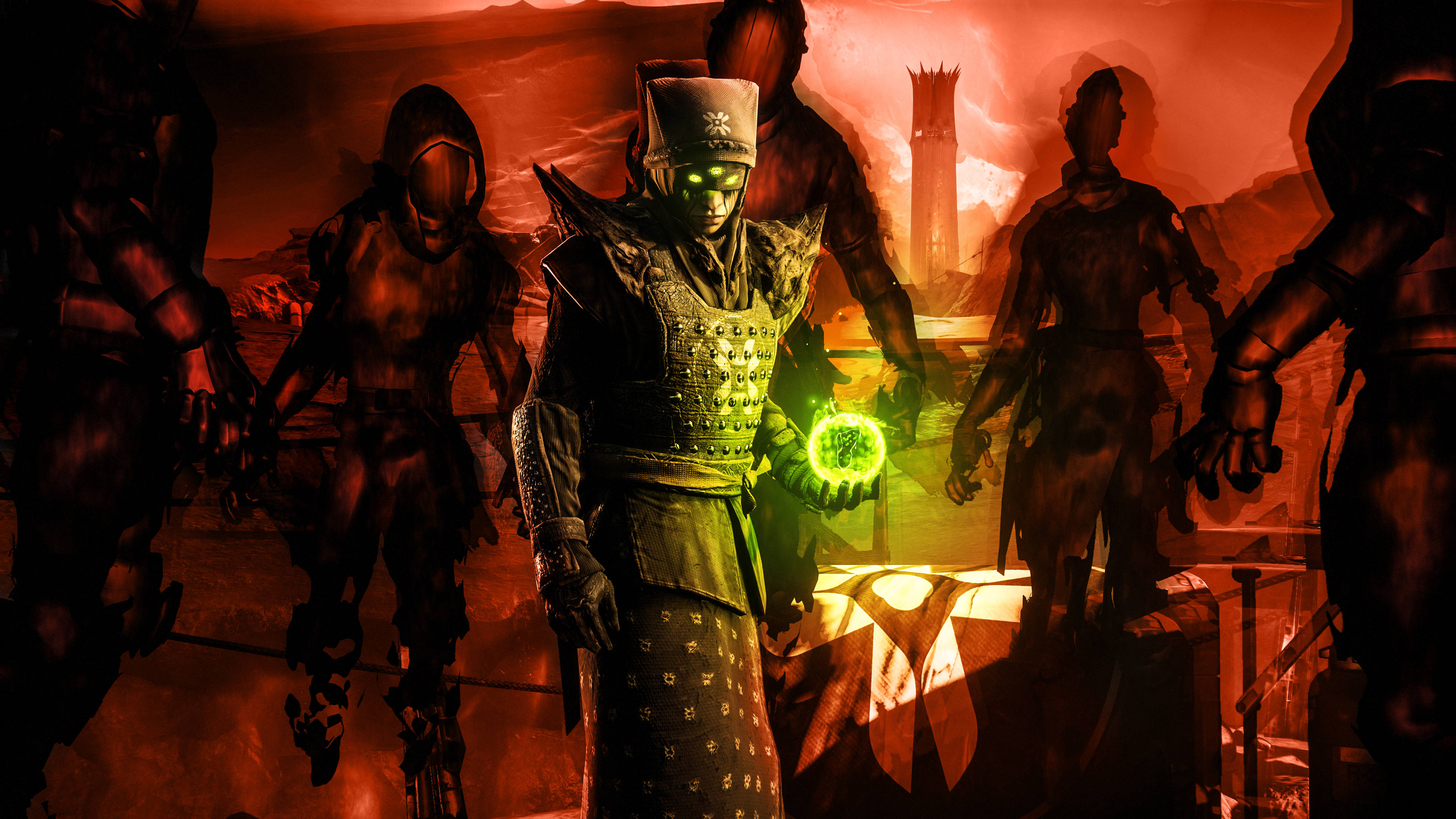 Destiny 4K Eris Morn 壁紙 — 一位閃耀綠眼的戰士身穿華麗盔甲，手持發光球體，陰影人物在熾熱的紅天下從兩側包圍。