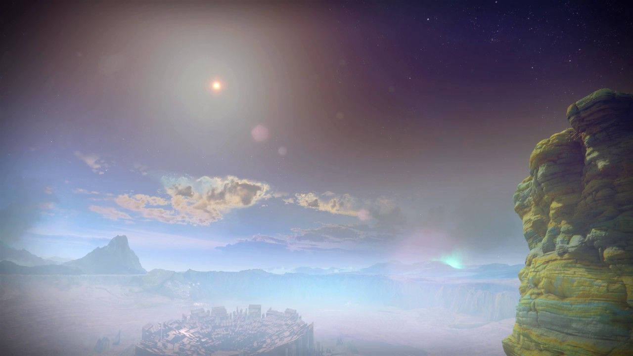 發光太陽和遙遠城市下的外星峽谷，星空