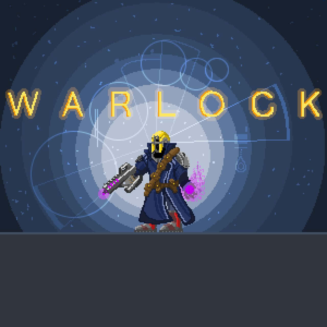 像素化的術士，在太空中有發光的紫色武器、同心圓和WARLOCK字樣。