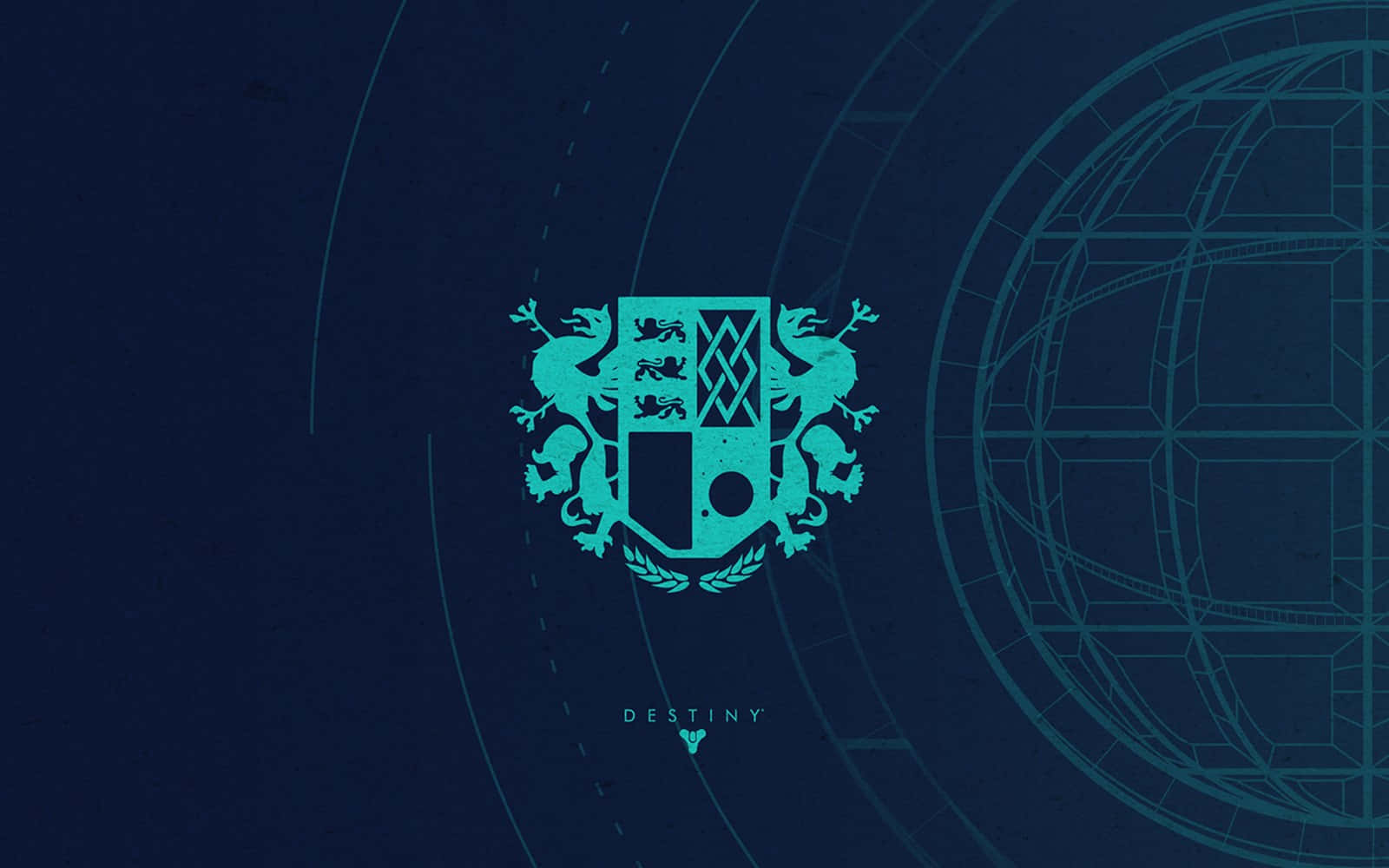 深藍色背景上帶有網格線和destiny文字的青綠色紋章、龍和盾牌。