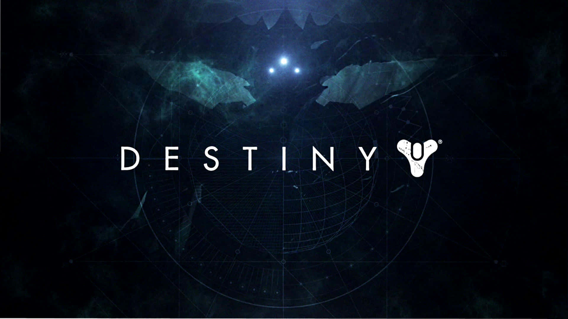 Destiny 遊戲標誌在黑暗的宇宙背景下發光，帶有青綠色翅膀。