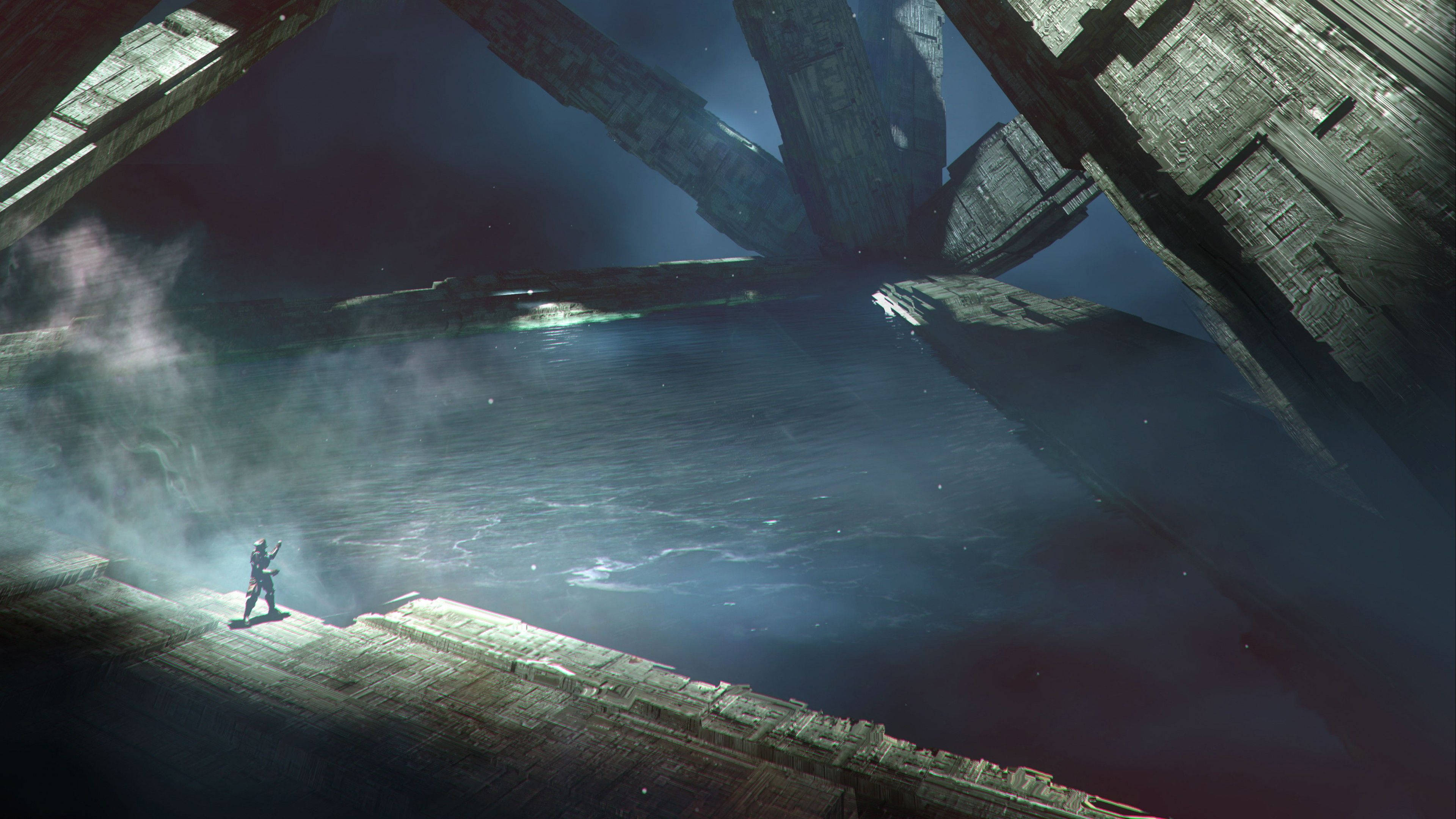 《Destiny》4K 魔物金字塔湖景 壁紙 — 一個孤獨的身影站在破碎的平台上，下方是巨大的古老機械結構，身處迷霧籠罩、燈光昏暗的科幻廢墟中。