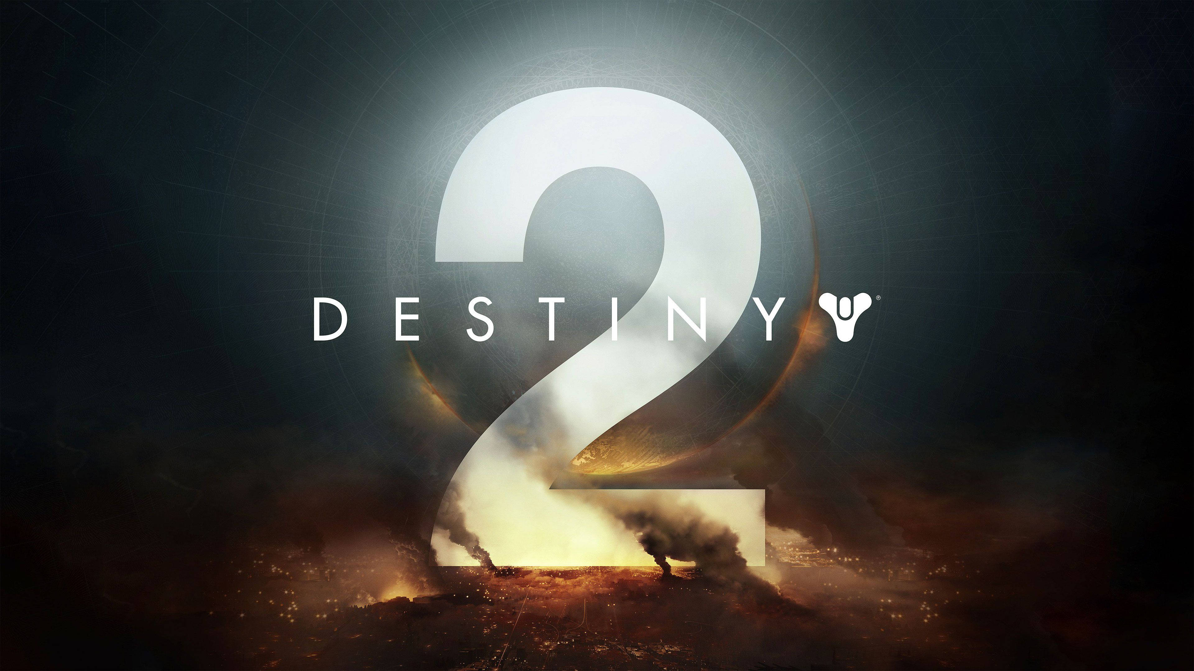 《Destiny》4K 燒毀之城 壁紙 — 一個發光的數字二從火焰煙霧中浮現，背景是黑暗的宇宙，並帶有「命運」一詞。