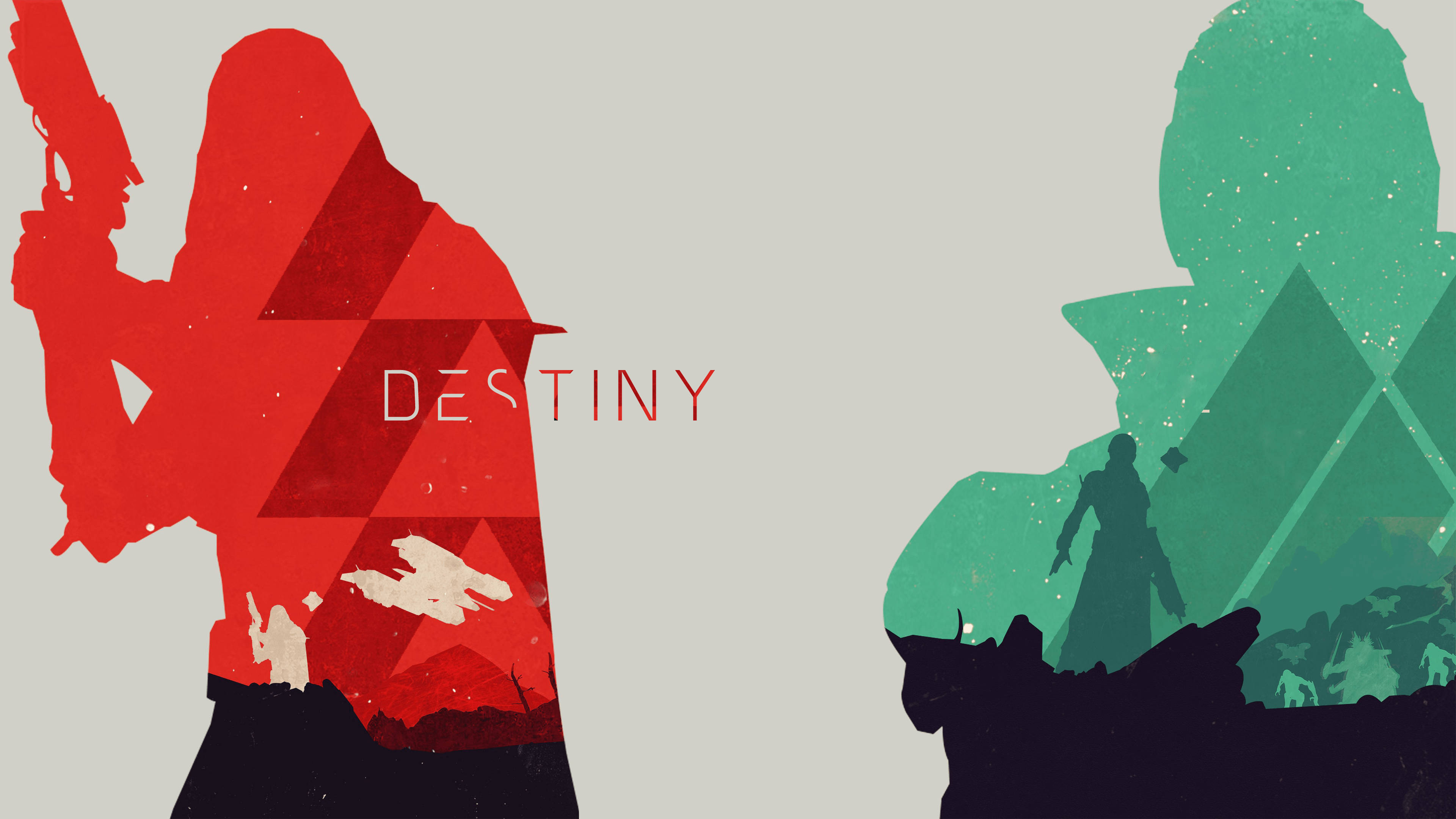 《Destiny》4K 守護者剪影 壁紙 — 兩個風格化的戰士剪影，紅色和綠色，面對面，中間有「命運」一詞。