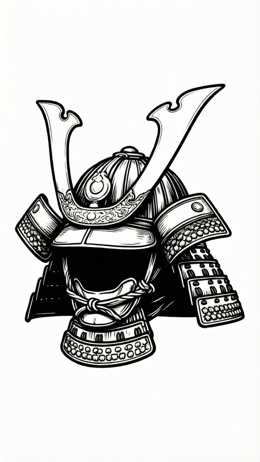 黑白線條藝術風格的武士頭盔和盔甲插圖。