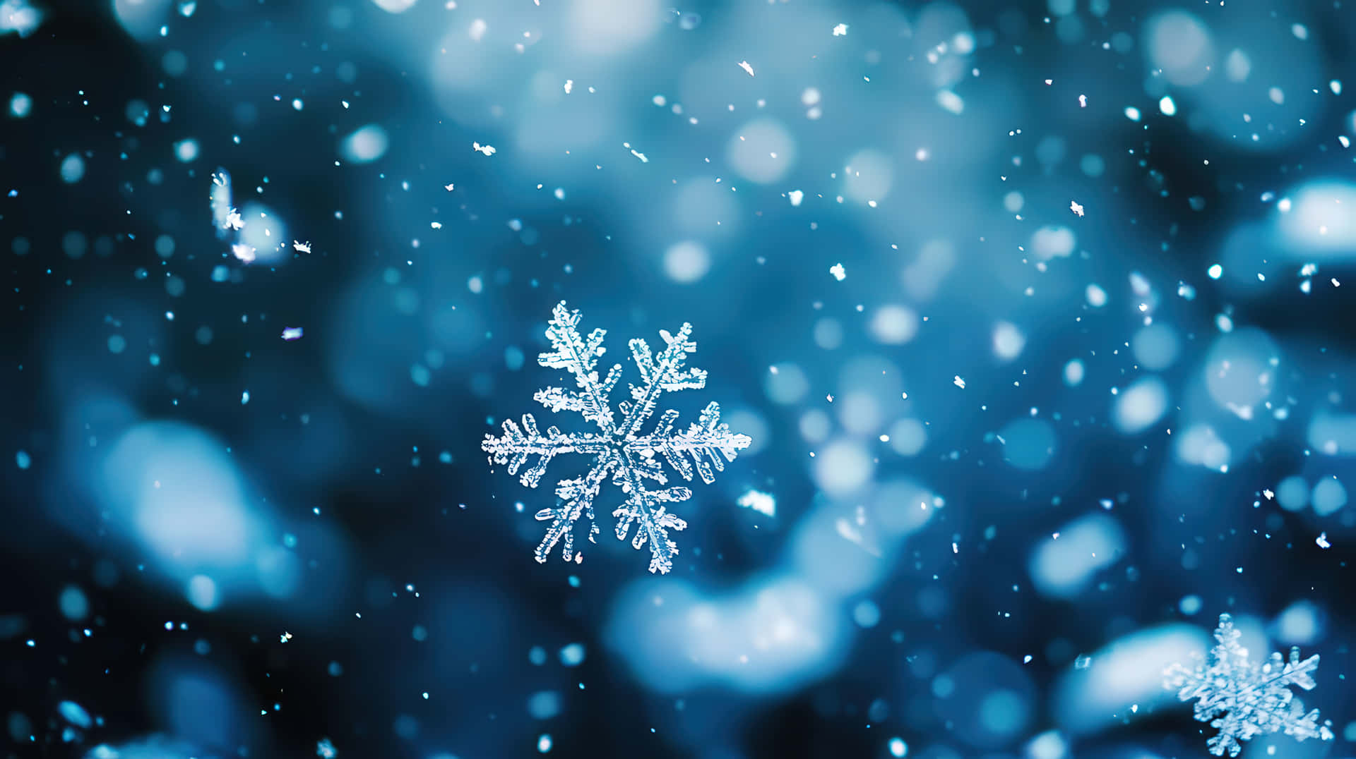 一片細節豐富的雪花漂浮在藍色雪景中，背景光線模糊