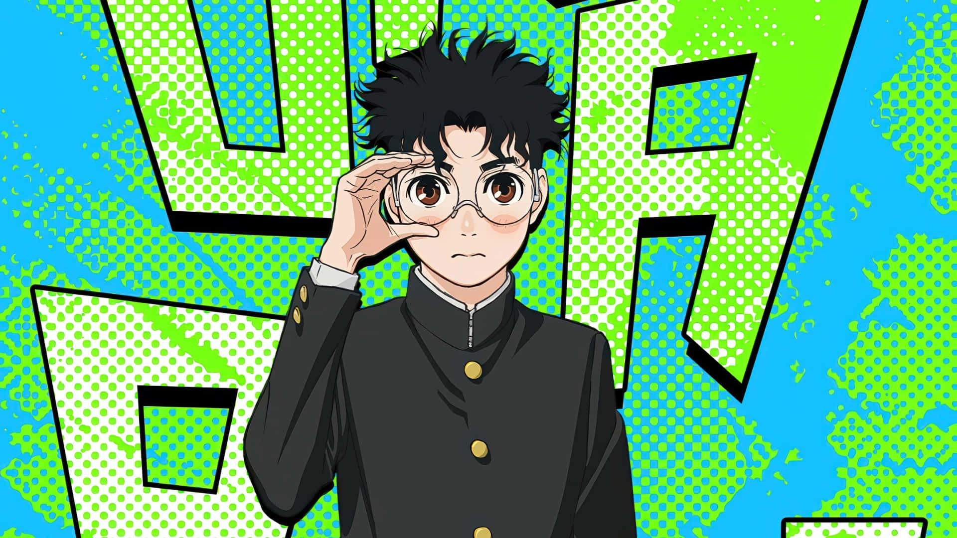  壁紙 — 一個決心堅定的動畫男孩穿著黑色校服，在充滿活力的綠色和藍色漫畫背景前調整眼鏡。