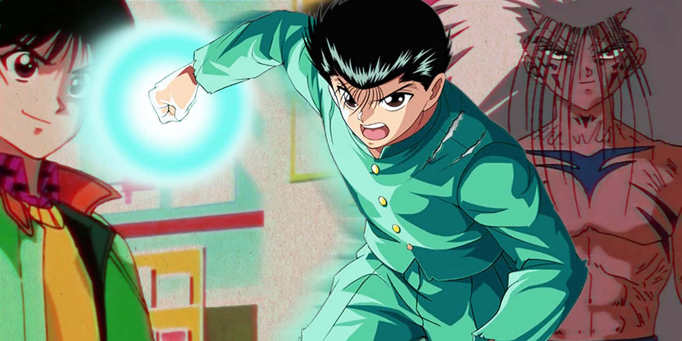  壁紙 — 一個決心堅定的動畫男孩，身穿綠色制服，向前揮拳，伴隨著發光的藍色能量球，呈現出動態的動作場景。