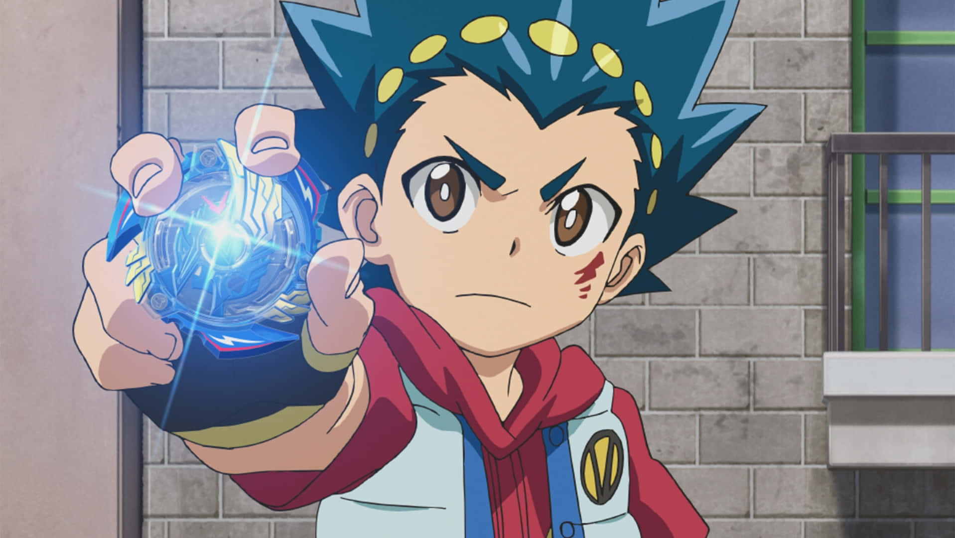  壁紙 — 一個堅定的動漫男孩，藍色刺蝟頭，手持發光藍色Beyblade發射器，背景是磚牆。