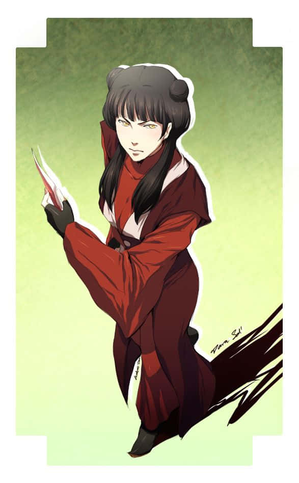  壁紙 — 一個身穿紅色長袍的決心動漫女孩，在柔和的綠色漸變背景中揮舞著發光的刀刃。