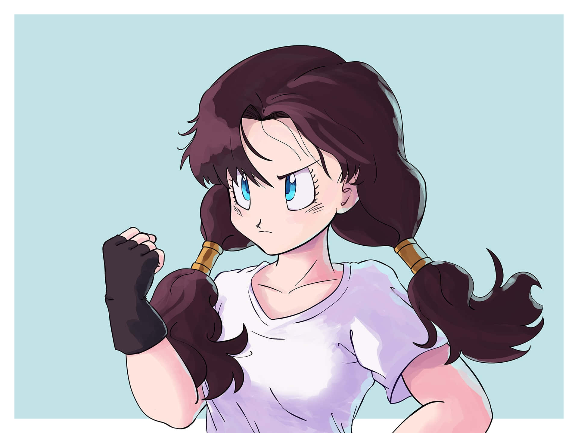 Videl 桌布 壁紙 — 一個決心堅定的動漫女孩，深色雙馬尾和藍色眼睛，在柔和的藍色背景前握緊拳頭。