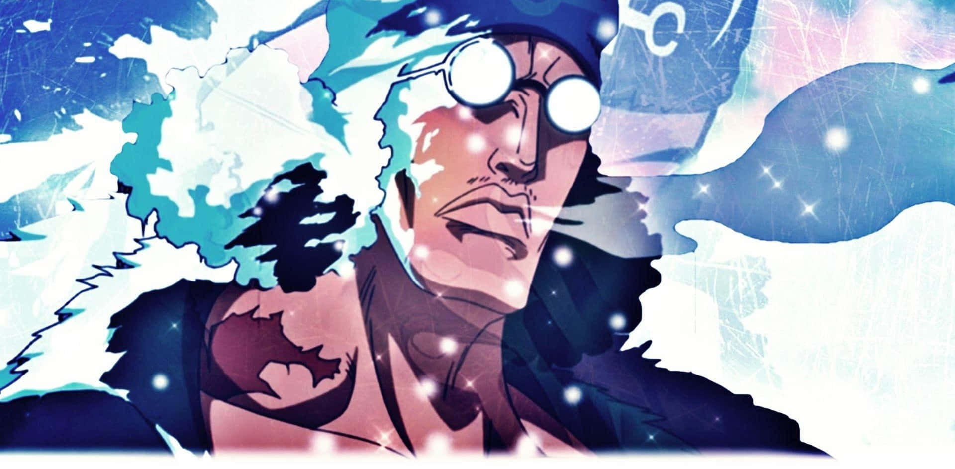 Aokiji 桌布 壁紙 — 一個堅定的動漫男子，戴著護目鏡和藍色帽子，站在旋轉的冰能量和閃爍的粒子之中。