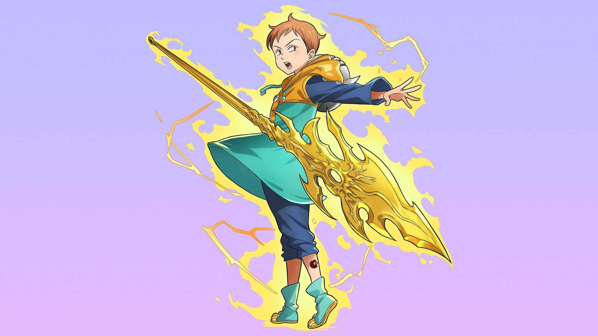 Seven Deadly Sins King 桌布 壁紙 — 一位堅定的動漫戰士在柔和的紫色漸變背景中，於烈焰能量中揮舞著發光的金色長矛。