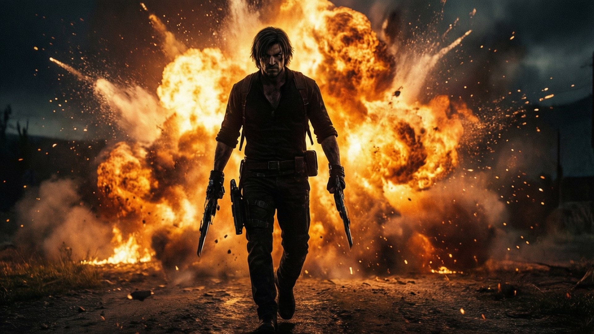 Explosive Exit 壁紙 — 一位堅定的戰士在黑暗的天空下，手持雙槍穿過熾熱的爆炸向前邁進。