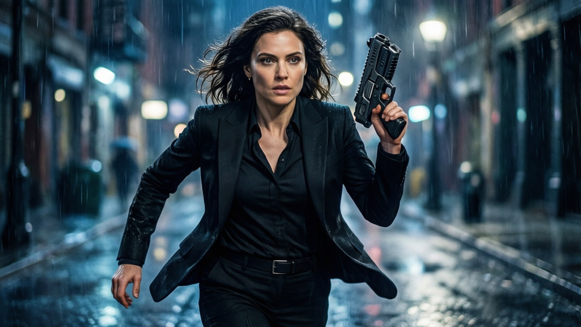 Pom Klementieff 桌布 壁紙 — 一位身穿黑色西裝的堅定女性在雨中的霓虹燈街道上奔跑，手持手槍。