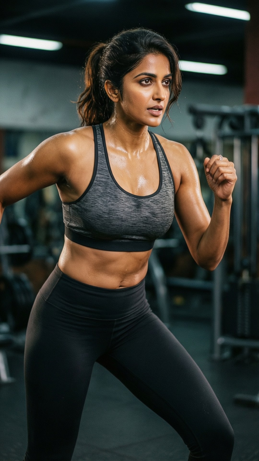 Fit and Fierce 壁紙 — 一位堅定的女性穿著運動服裝，在現代健身房內劇烈跑步，可見器材和明亮的頂燈。